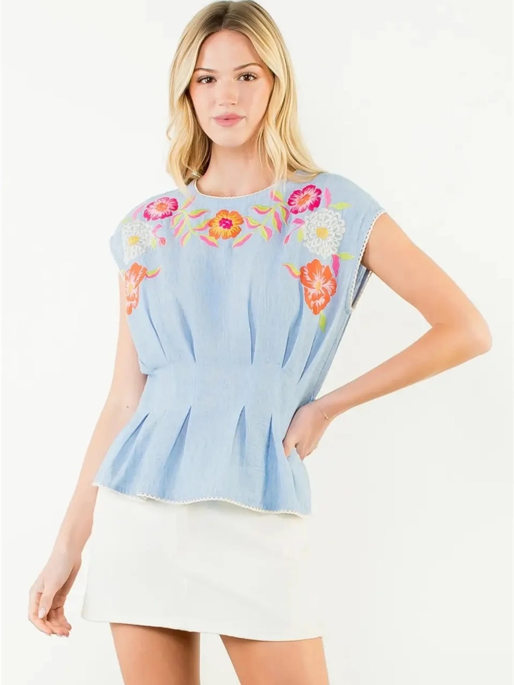 THML Light Blue Floral Embroidered Peplum Blouse
